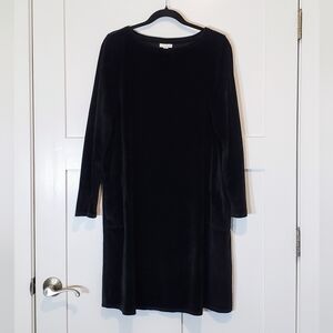 J.Jill Pure Jill Velour Black Midi Shift Dress W/Pockets Long Sleeves Size Large
